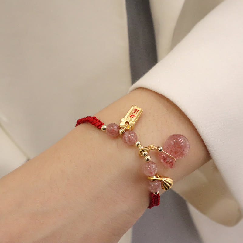 Nimara Ritual Natural Strawberry Quartz Money Bag Lotus Healing Charm Red String Braided Bracelet