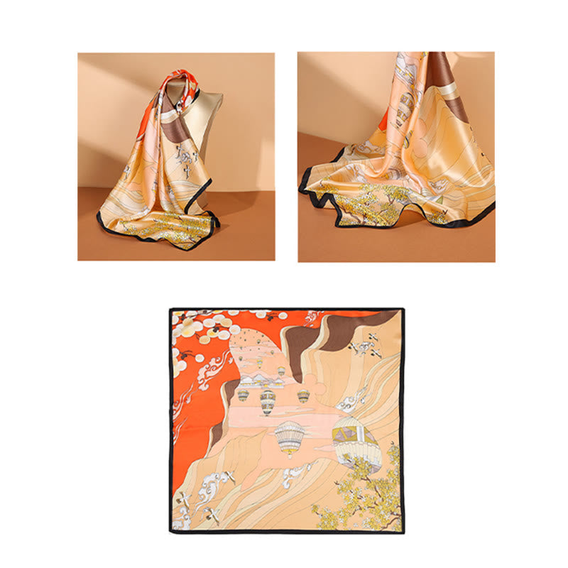 Nimara Ritual Pastoral Scene Hot Air Balloon Spring Blossom 100% Mulberry Silk Neck Hair Scarf