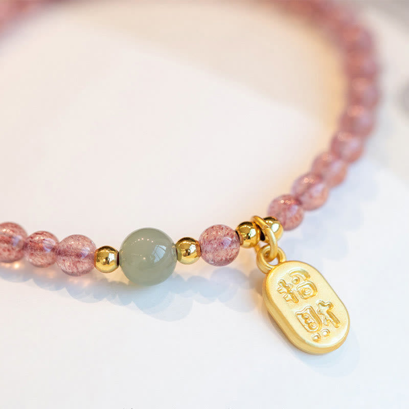 Nimara Ritual Natural Strawberry Quartz Garnet Jade Lucky Fortune Fu Character Healing Charm Bracelet