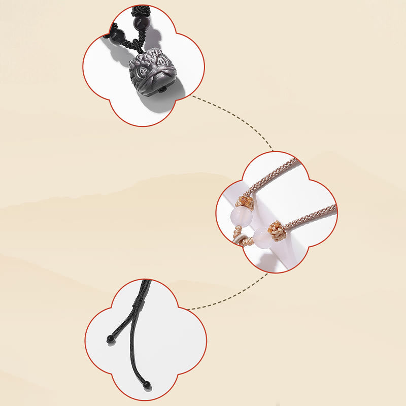Nimara Ritual Natural Silver Sheen Obsidian Red Agate Dancing Lion Protection Necklace Pendant