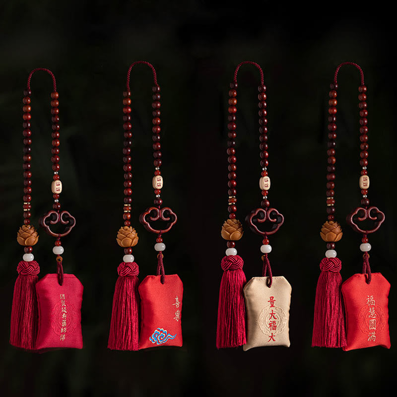 Nimara Ritual Tibetan Small Leaf Red Sandalwood Lotus Cinnabar Sachet Protection Tassel Car Hanging Decoration