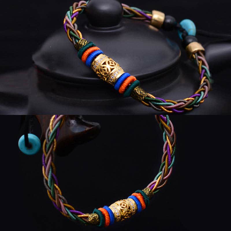 Nimara Ritual Tibetan Handmade Eight Thread Knot Copper Coin Luck Weave String Bracelet