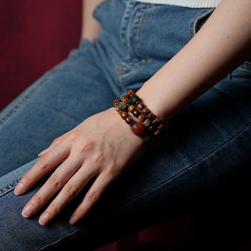 Nimara Ritual Tibetan Bodhi Seed Amber Dzi Bead Agate Zakiram Goddess of Wealth Beads Triple Wrap Bracelet
