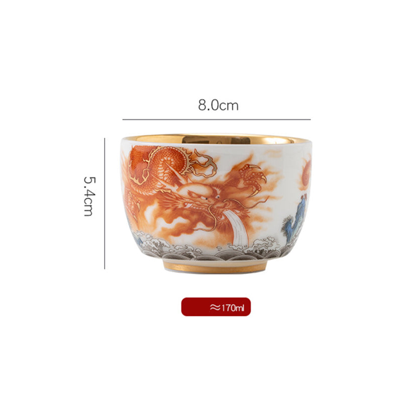 Nimara Ritual Dragon Phoenix Crane Sun Ocean Waves Gilt Ceramic Teacup Kung Fu Tea Cup 170ml