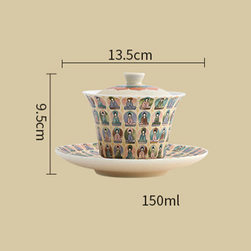 Nimara Ritual Dunhuang Color Thousand Buddhas Flying Apsaras Pattern Gaiwan Teacup Kung Fu Tea Cup With Lid