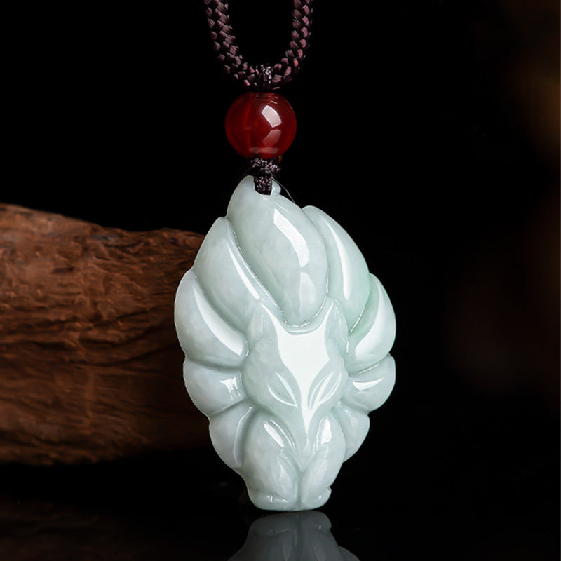Nimara Ritual Natural Jade Nine Tailed Fox Luck Prosperity Necklace Pendant