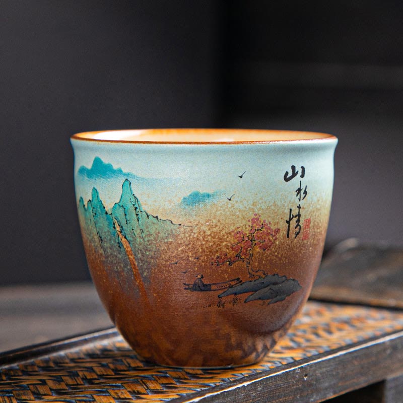 Nimara Ritual Colorful Deer Pipa Snow Plum Blossoms Mountains Rivers Bird Ceramic Teacup Kung Fu Tea Cup Bowl