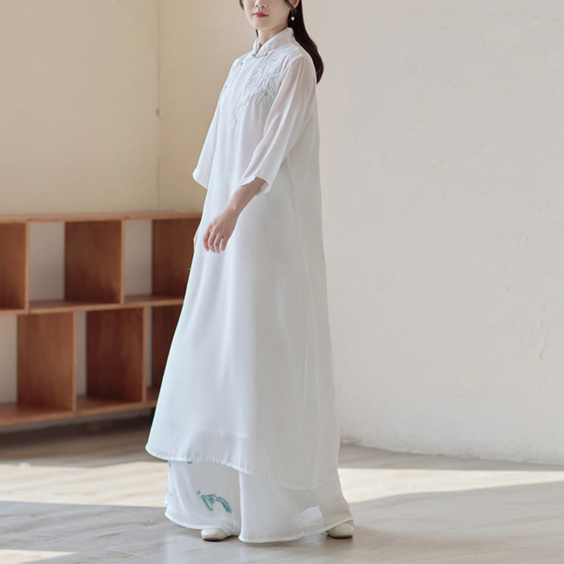 Nimara Ritual Bamboo Cheongsam Dress Midi Dress Wide Leg Pants Meditation Spiritual Zen Practice Clothing