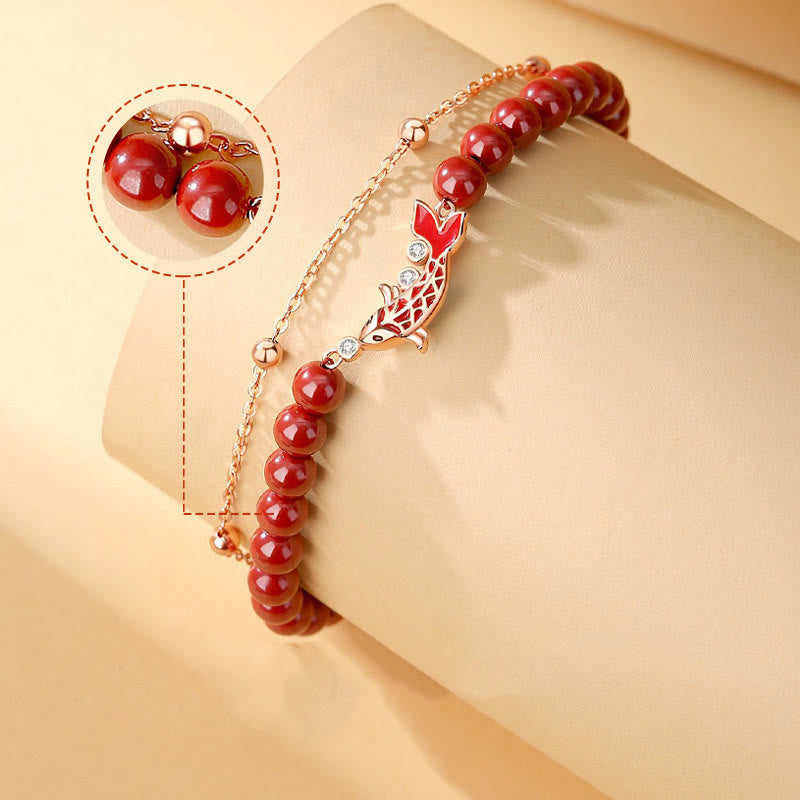 Nimara Ritual 925 Sterling Silver Lucky Koi Fish Cinnabar Zircon Prosperity Double Layer Chain Bracelet