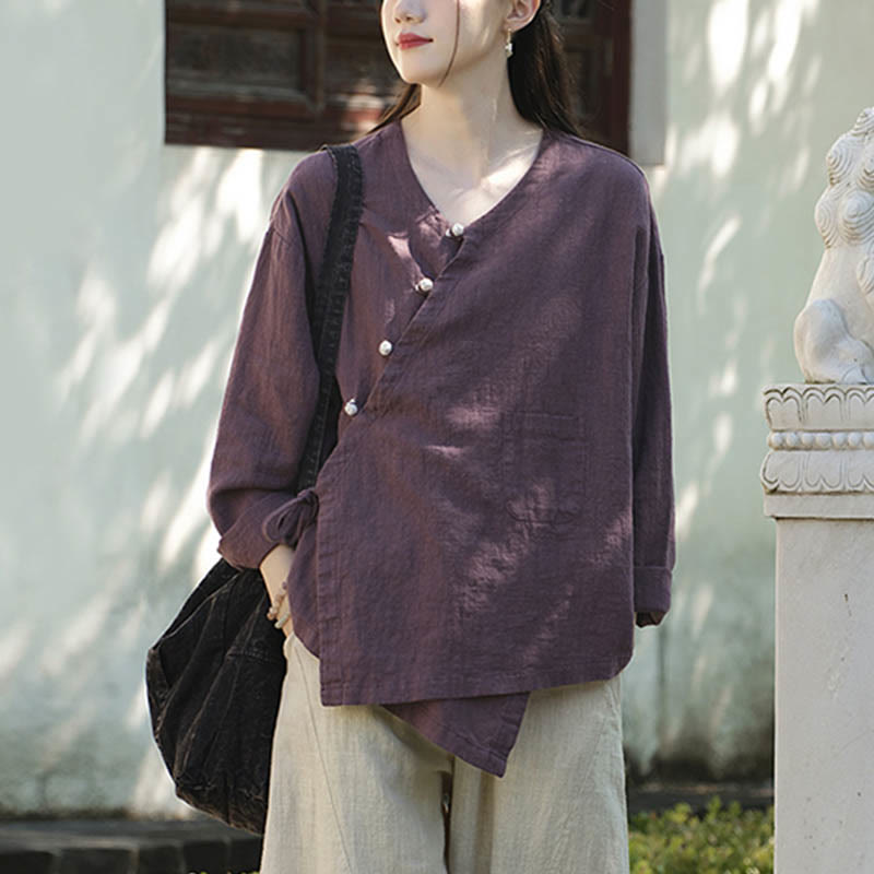 Nimara Ritual Solid Color Ramie Linen Loose Blouse Long Sleeve Shirt Chinese Hanfu Top
