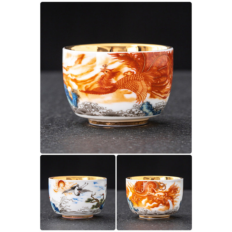 Nimara Ritual Dragon Phoenix Crane Sun Ocean Waves Gilt Ceramic Teacup Kung Fu Tea Cup 170ml