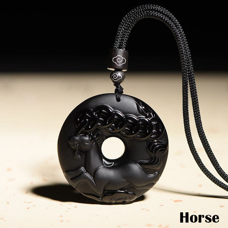 Nimara Ritual Chinese Zodiac Natural Black Obsidian Peace Buckle Strength Necklace Pendant