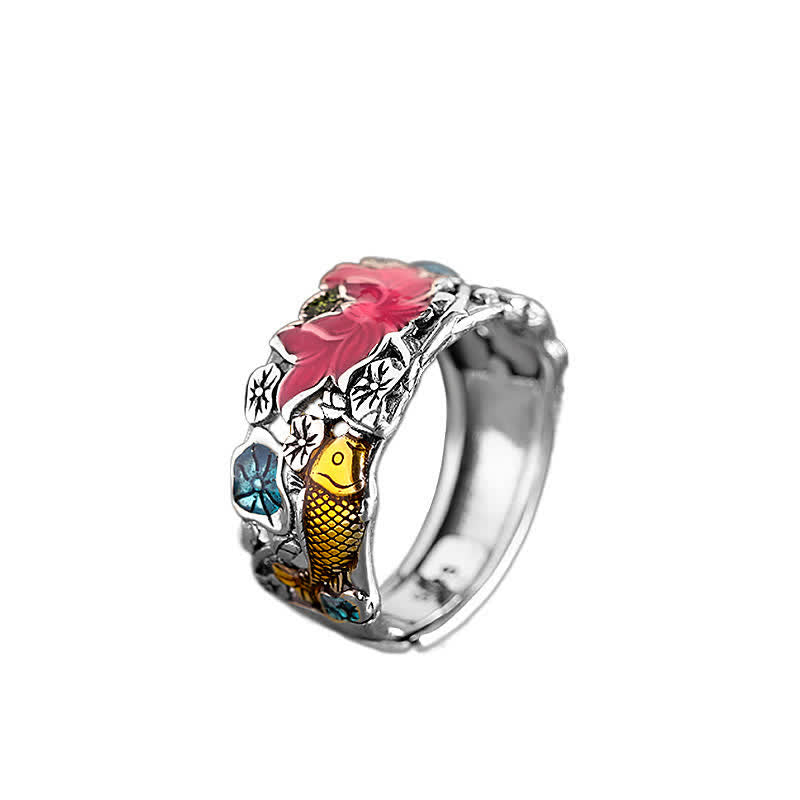 Nimara Ritual 925 Sterling Silver Lotus Koi Fish Enlightenment Ring