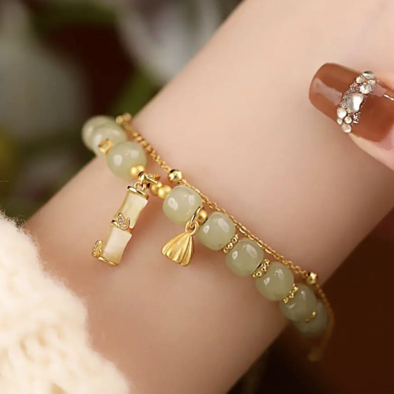 Nimara Ritual Natural Hetian Jade Prosperity Lotus Bamboo Charm Bracelet