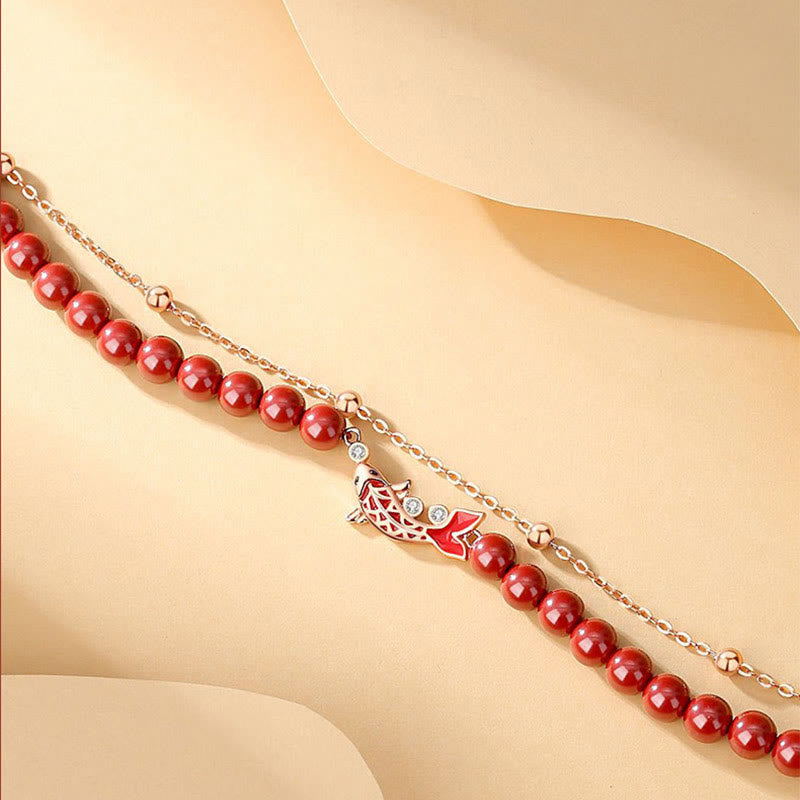 Nimara Ritual 925 Sterling Silver Lucky Koi Fish Cinnabar Zircon Prosperity Double Layer Chain Bracelet