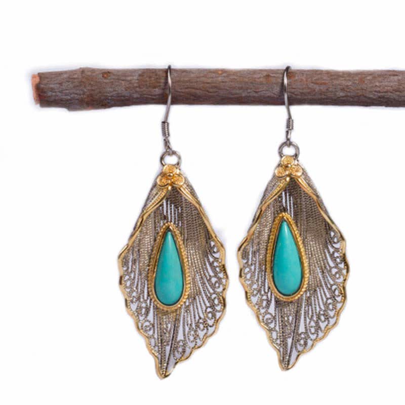 Nimara Ritual 925 Sterling Silver Turquoise Bodhi Leaf Pattern Protection Drop Dangle Earrings