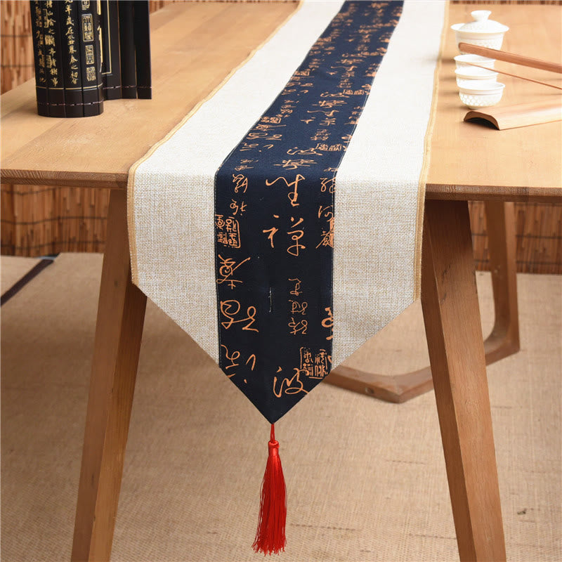 Nimara Ritual Classic Chinese Style Lotus Koi Fish Flower Crane Calligraphy Enlightenment Cotton Linen Tassels Table Runner