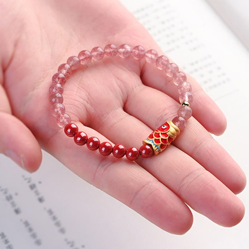 Nimara Ritual Natural Strawberry Quartz Cinnabar Lucky Koi Fish Healing Bracelet
