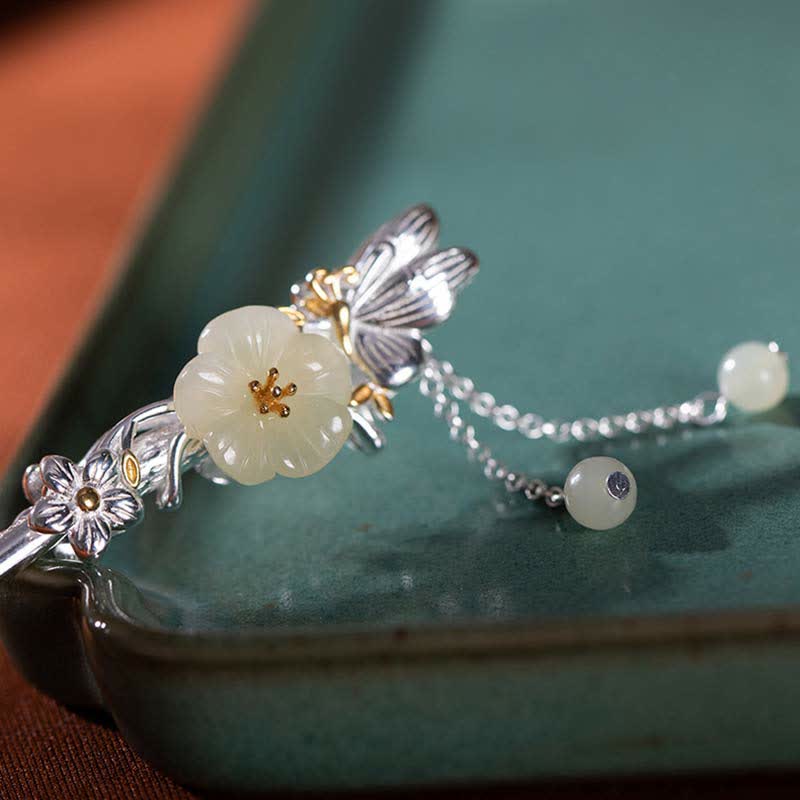 Nimara Ritual 925 Sterling Silver Hetian White Jade Flower Blessing Hairpin