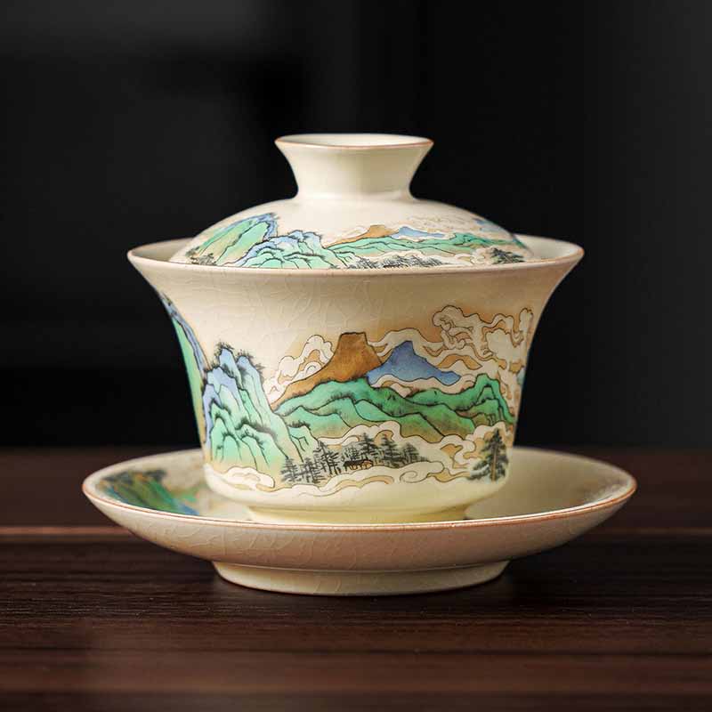 Nimara Ritual A Panorama of Rivers and Mountains Flowers Ceramic Gaiwan Sancai Teacup Kung Fu Tea Cup And Saucer With Lid