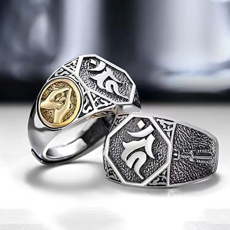 Nimara Ritual 925 Sterling Silver Sanskrit Design Carved Protection Adjustable Ring