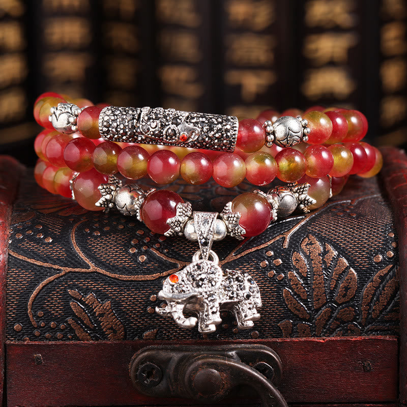 Nimara Ritual Natural Watermelon Tourmaline PiXiu Elephant Positive Triple Wrap Bracelet