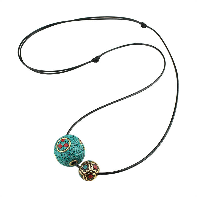 Nimara Ritual Tibetan Turquoise Double Bead Protection Strength Necklace Pendant