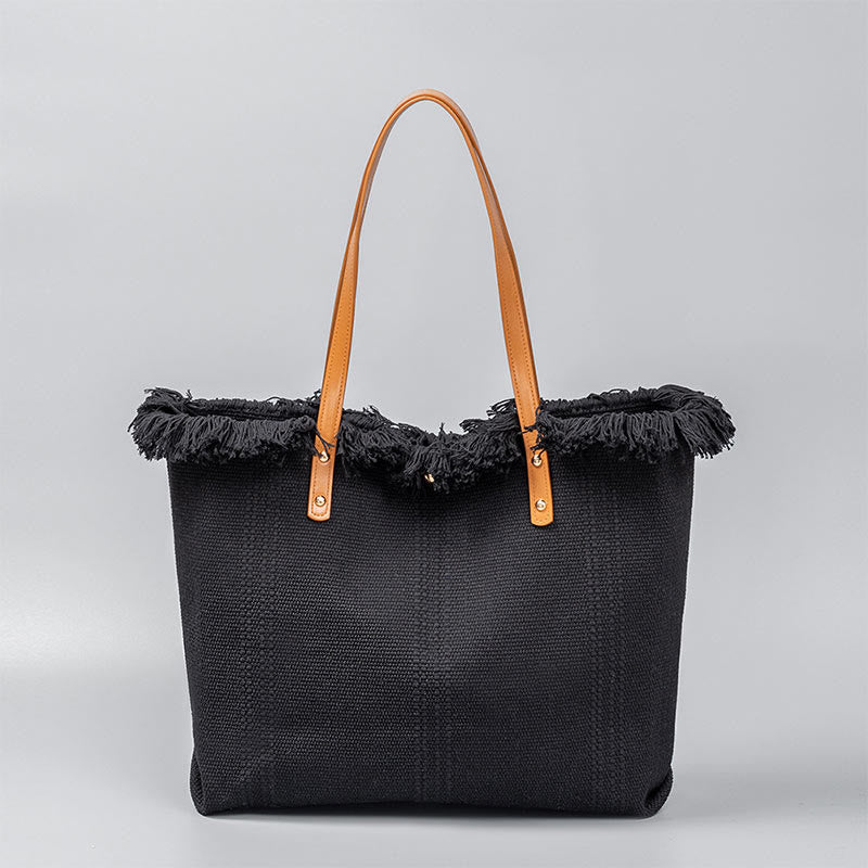 Nimara Ritual Large Capacity Solid Color Tassel Canvas Tote Shoulder Bag