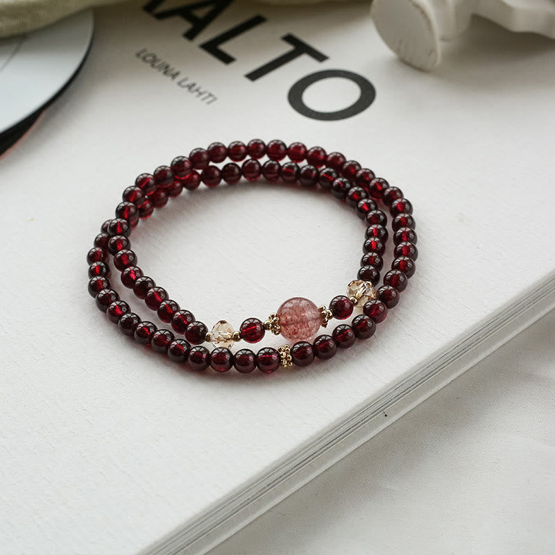 Nimara Ritual 14K Gold Plated Natural Garnet Strawberry Quartz Stability Double Wrap Bracelet