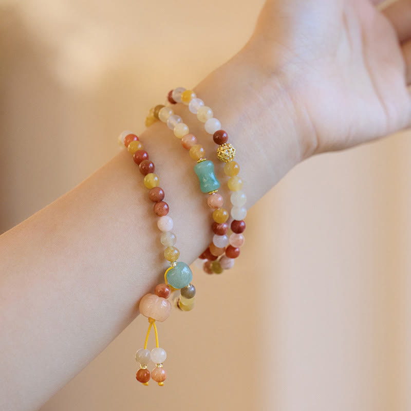 Nimara Ritual Natural Golden Silk Jade Pumpkin Charm Wealth Luck Triple Wrap Bracelet