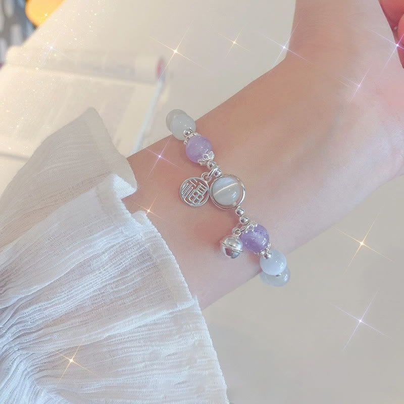 Nimara Ritual Cat's Eye Amethyst Fu Character Bell Charm Support Bracelet