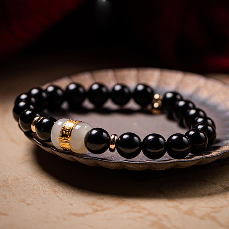 Nimara Ritual Black Obsidian Jade Om Mani Padme Hum Strength Couple Magnetic Bracelet