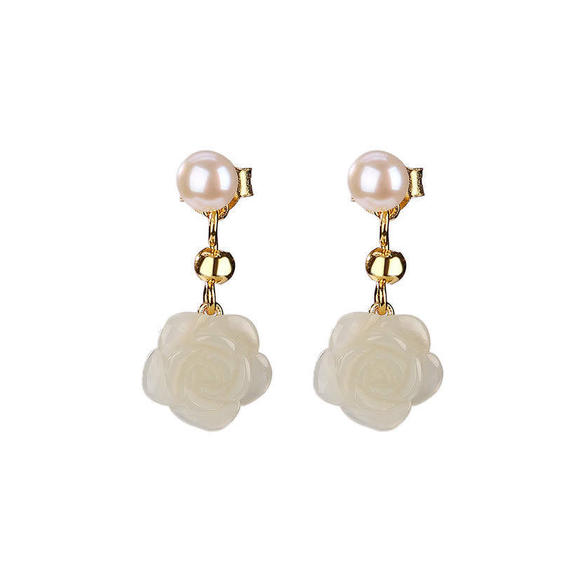 Nimara Ritual 925 Sterling Silver Plated Gold Jade Rose Flower Cyan Jade Pearl Luck Earrings