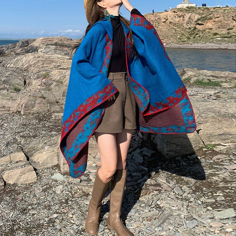 Nimara Ritual Tibetan Shawl Border Small Floral Flower Hooded Cloak Winter Cozy Travel Scarf Wrap