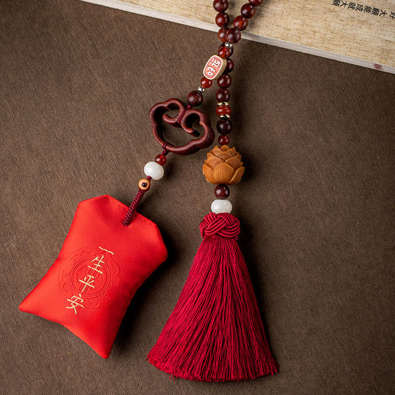 Nimara Ritual Tibetan Small Leaf Red Sandalwood Lotus Cinnabar Sachet Protection Tassel Car Hanging Decoration