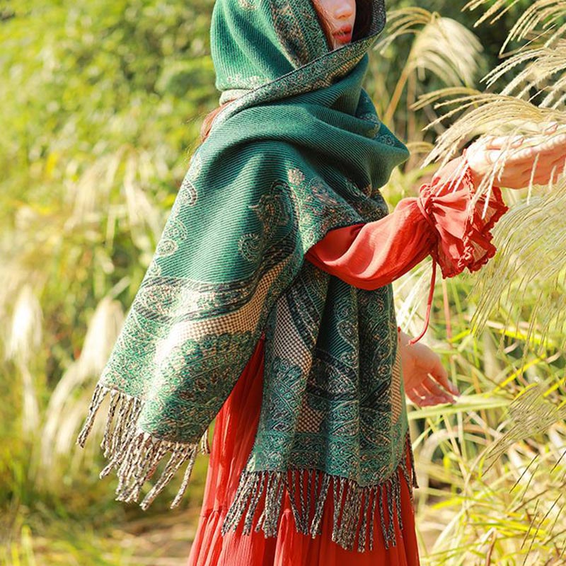Nimara Ritual Tibetan Vine Leaves Pattern Design Shawl Cozy Travel Scarf Wrap