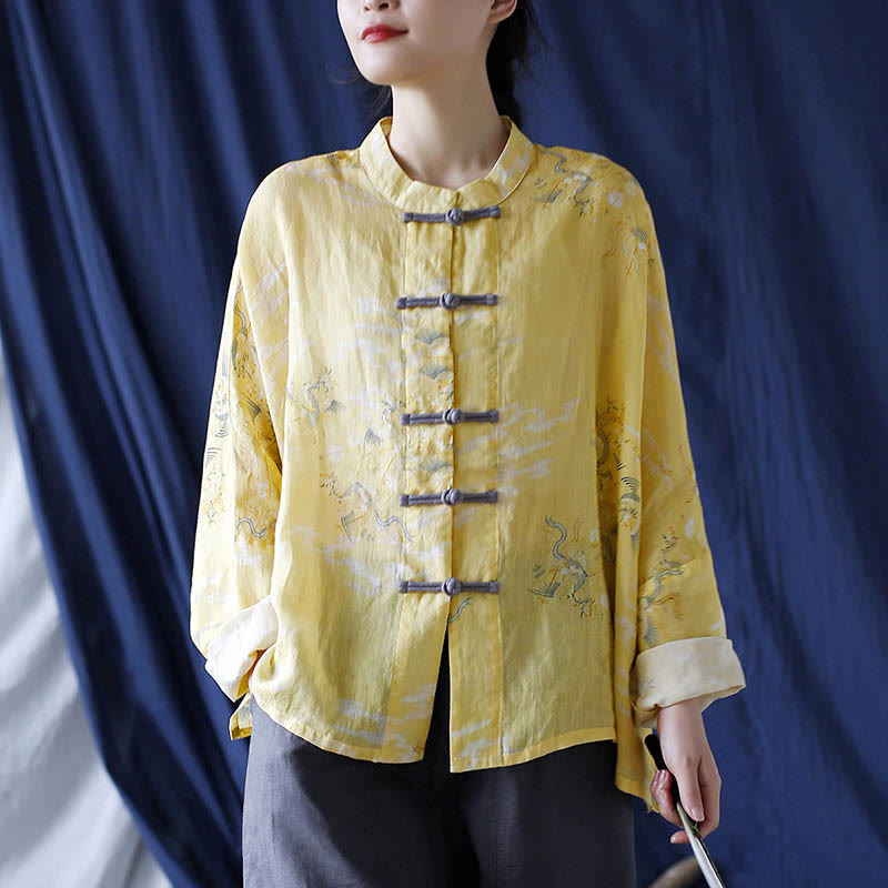 Nimara Ritual Yellow Phoenix Print Frog-button Design Long Sleeve Ramie Linen Jacket Shirt