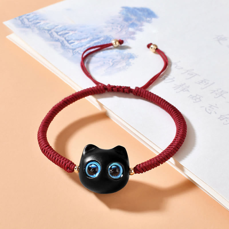 Nimara Ritual Ebony Wood Cat Head Pattern Peace King Kong Knot Braided Bracelet