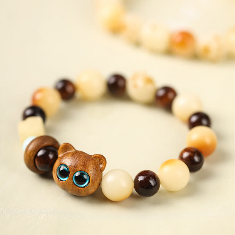 Nimara Ritual Natural Bodhi Seed Sandalwood Lucky Cute Cat Head Paw Claw Peace Bracelet