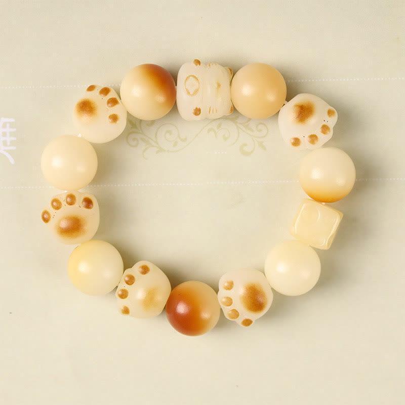 Nimara Ritual Natural Bodhi Seed Sandalwood Lucky Cute Cat Head Paw Claw Peace Bracelet