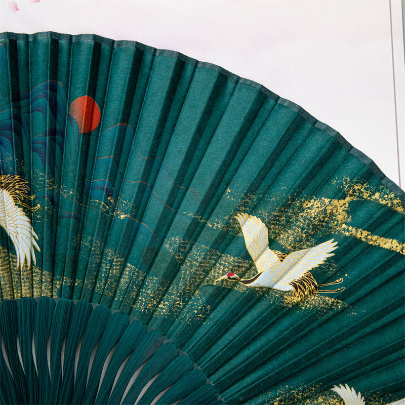 Nimara Ritual Flying White Crane Sun Cloud Handheld Silk Bamboo Folding Fan 22cm