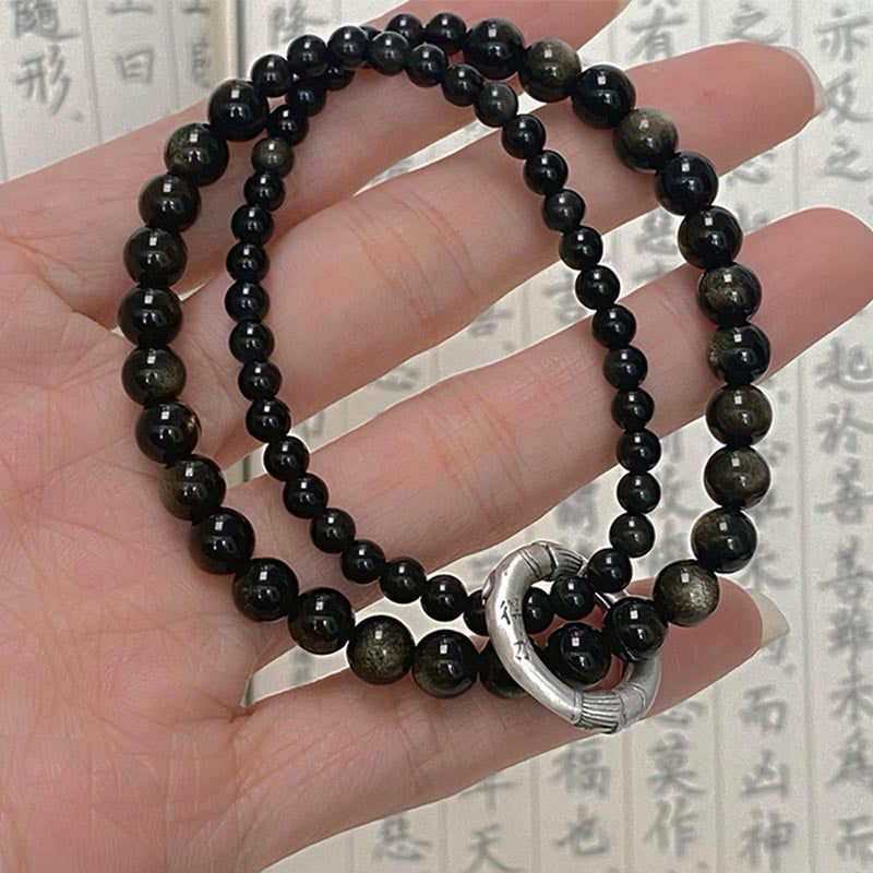 Nimara Ritual 999 Sterling Silver Black Obsidian Fulfillment Strength Double Layer Bracelet
