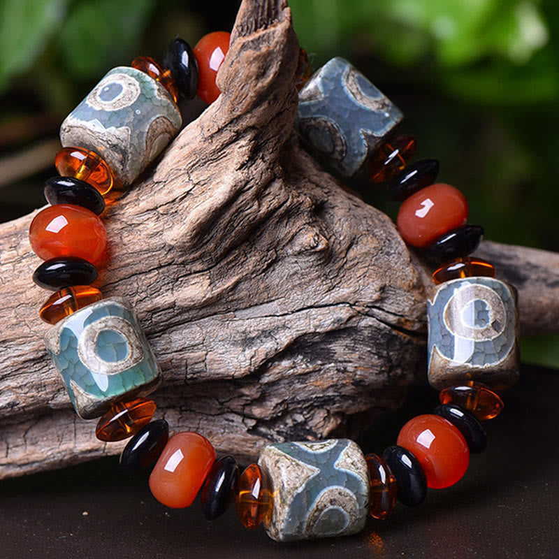 Nimara Ritual Tibetan Three-eyed Dzi Bead Agate Protection Happiness Bracelet