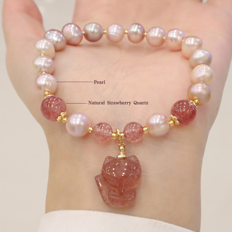 Nimara Ritual Natural Pearl Strawberry Quartz Cute Fox Love Healing Charm Bracelet