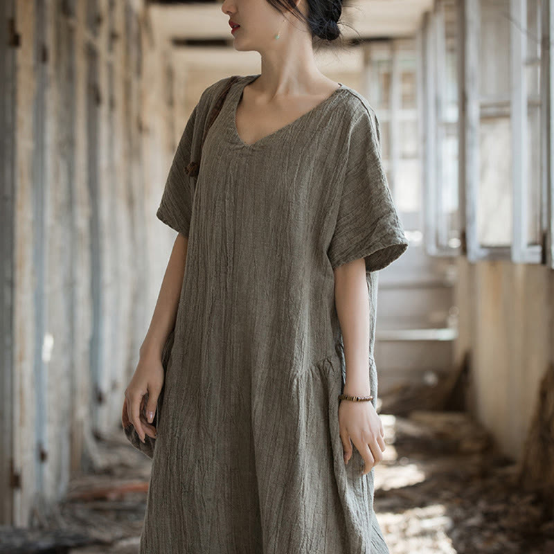 Nimara Ritual Handmade Tie Dye V-Neck Midi Dress Linen Short Sleeve Dress