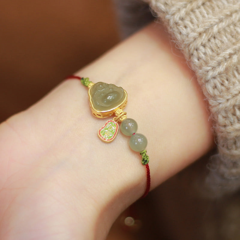 Nimara Ritual Natural Jade Buddha Abundance Red String Weave Bracelet
