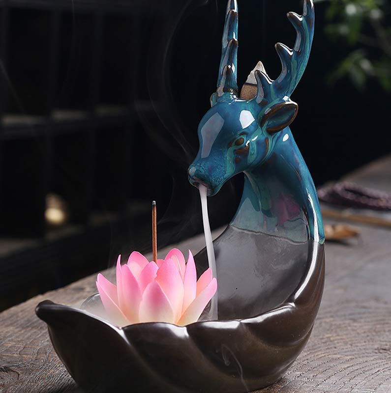 Nimara Ritual Little Deer Ceramic Lotus Meditation Incense Burner Decoration