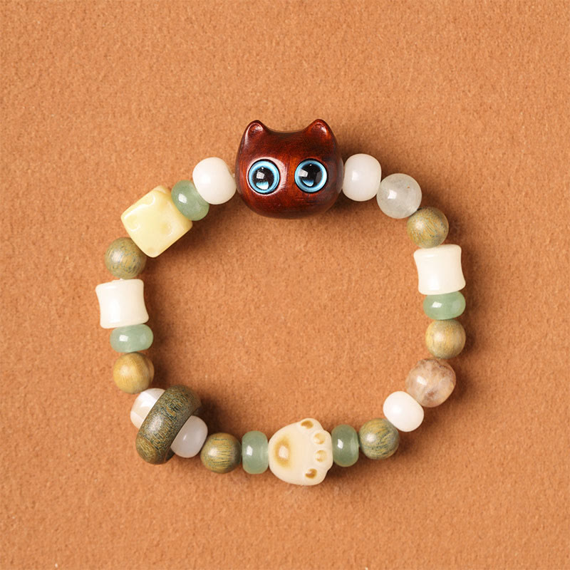 Nimara Ritual Bodhi Seed Green Sandalwood Ebony Wood Small Leaf Red Sandalwood Cat Head Paw Claw Peace Bracelet
