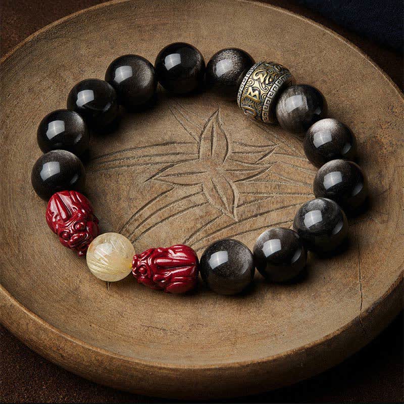 Nimara Ritual Gold Sheen Obsidian PiXiu Cinnabar Om Mani Padme Hum Protection Bracelet