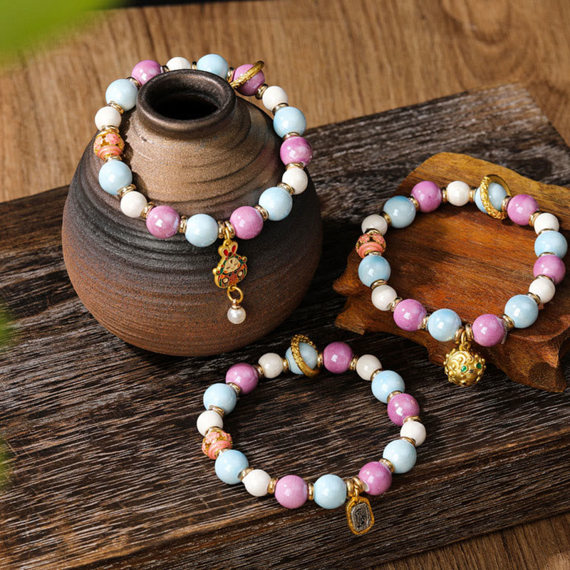 Nimara Ritual Tibetan Zakiram Goddess of Wealth Rabbit Lion Head Charm Liuli Glass Incense Ash Porcelain Bead Protection Bracelet